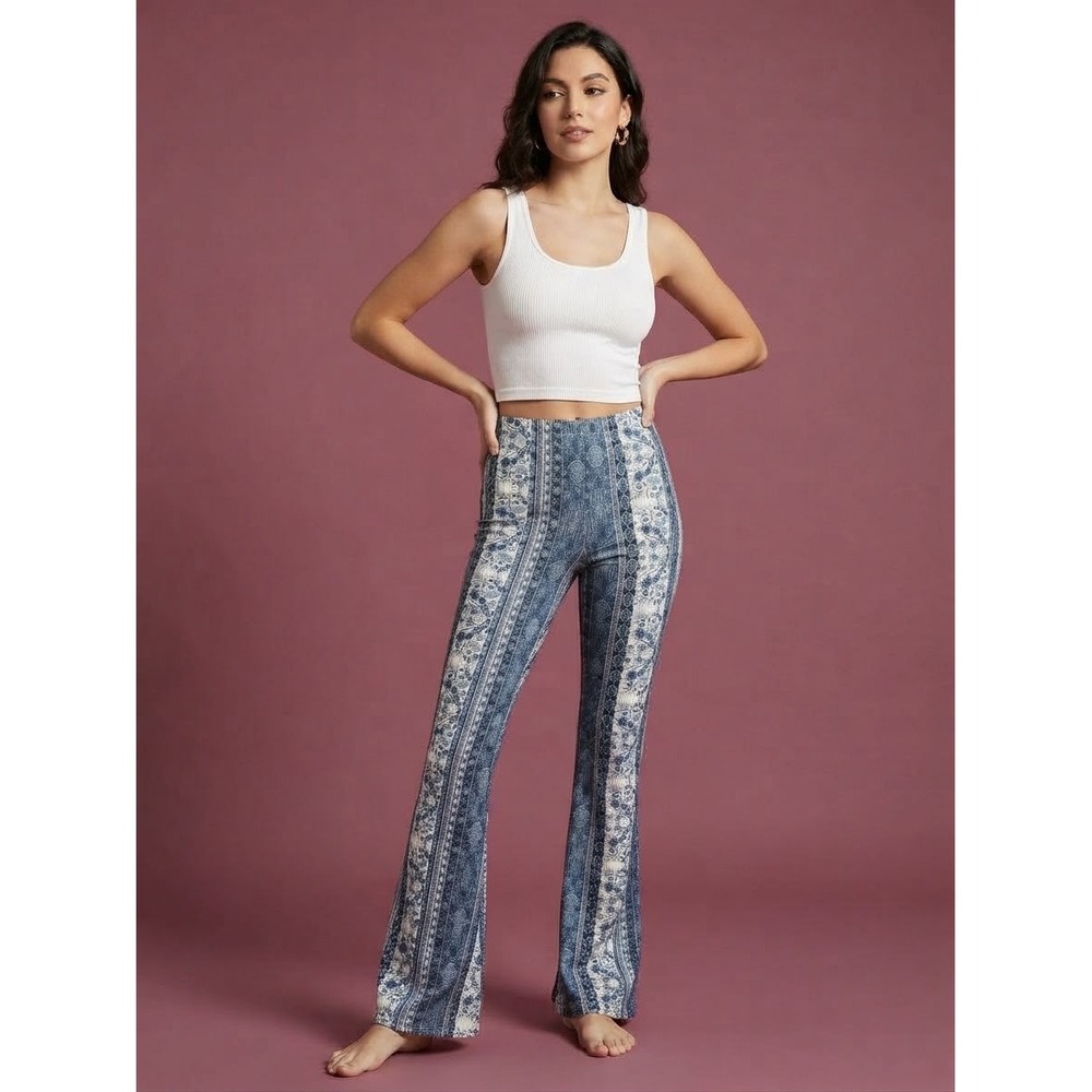 Bear Dance Blue Paisley Floral Stripe Flare Leg Boho Pants Small Retro Stretchy